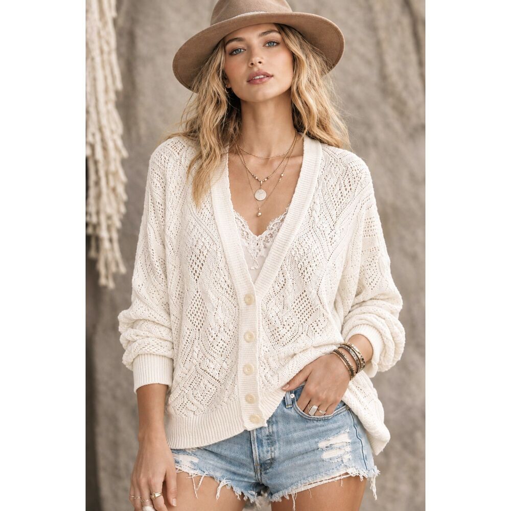 Brittony Brand Vintage Open Knit Cardigan Cream Crochet Boho Cottagecore L-XL